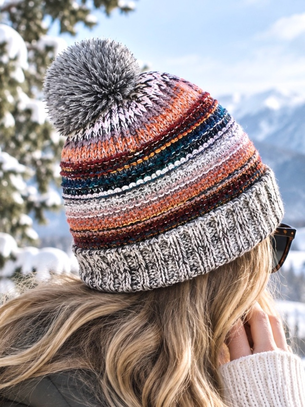 Earthbound Striped Chunky Knit Beanie Pom O/S